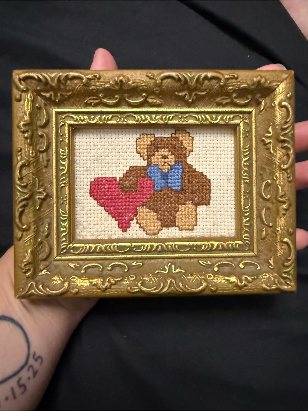 Vintage cross stitch teddy bear with gold frame